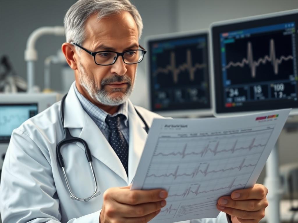 A close-up shot of a cardiologist reviewing a patient's ECG report in a clinical setting, wearing a white coat and stethoscope. The background shows medical equipment and a heart monitor, softly blurred to emphasize the cardiologist. The image is captured in high resolution with a 45mm f/1.2 lens style, showcasing the professionalism and dedication of healthcare workers in cardiology.