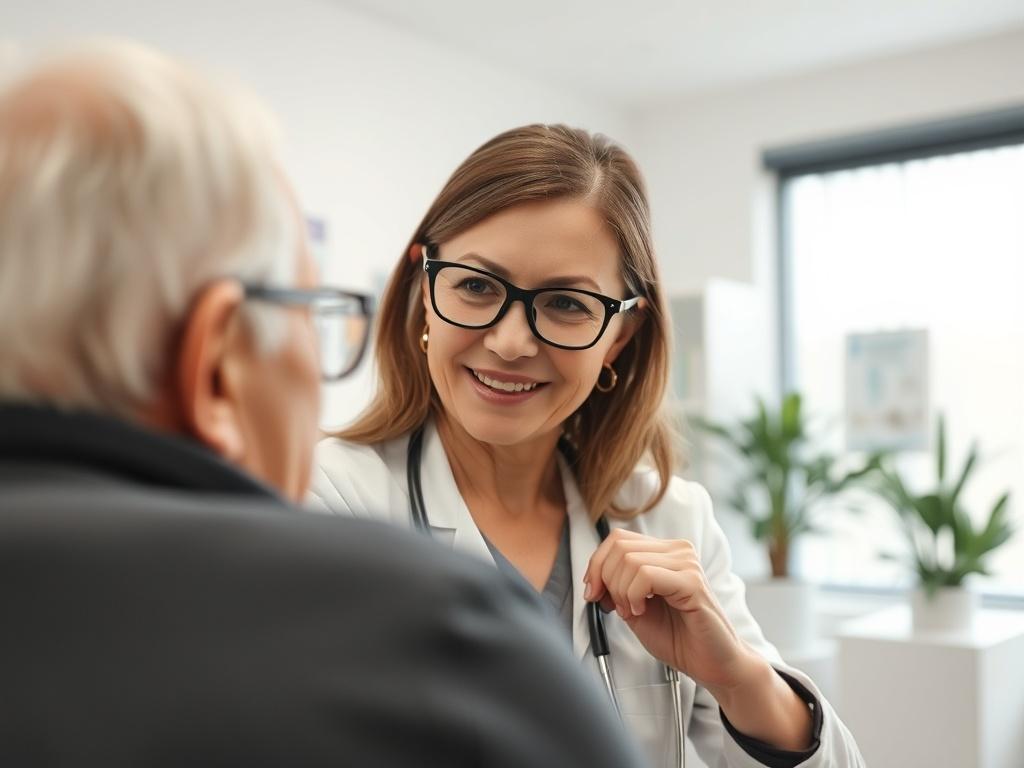 A close-up shot of a family medicine physician attentively examining a patient in a well-lit clinic. The physician, a middle-aged woman with glasses, is smiling and engaged, with a stethoscope around her neck. The background features a clean and welcoming medical office with medical charts and a plant, creating a supportive atmosphere. The image should have a shallow depth of field, focusing on the interaction between the physician and the patient, highlighting compassion and trust.