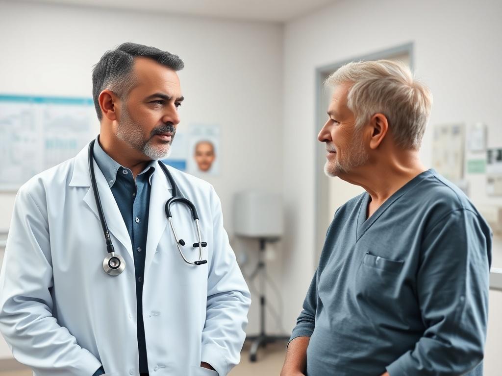 A realistic high-resolution photo of a skilled internal medicine physician in a hospital setting, wearing a white coat and stethoscope. The physician is engaged in a thoughtful conversation with an adult patient, displaying empathy and professionalism. The background shows a well-lit examination room with medical charts and equipment, emphasizing a caring healthcare environment. The image composition should be simple and clear, focusing on the interactions between the physician and patient, captured with a 