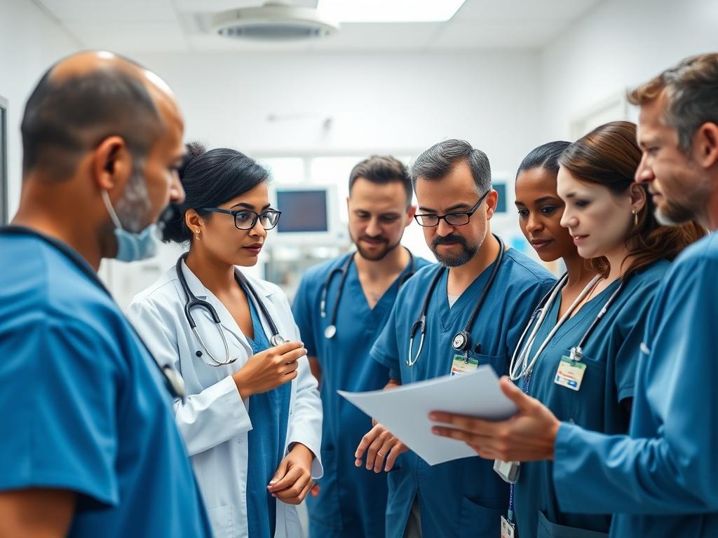 A close-up shot of a diverse group of critical care medicine physicians, including both male and female practitioners of various ethnicities, engaged in a patient rounding session in a hospital setting. The physicians are wearing scrubs and discussing patient charts, with a hospital room in the background that includes medical equipment. The lighting is bright and clinical, emphasizing a professional atmosphere focused on patient care.