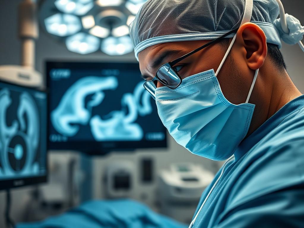 A close-up shot of an endoscopy physician in a surgical setting, confidently performing an endoscopic procedure. The physician is wearing a surgical mask and gloves, focused intently on the monitor displaying the endoscopic images. The background is a sterile, well-lit operating room filled with advanced medical equipment. Soft lighting highlights the physician's concentration and expertise, creating a sense of professionalism and care.
