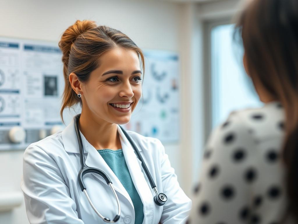 A close-up shot of a compassionate female OB-GYN physician engaging with a patient in a well-lit clinic room. The physician is wearing a white coat and a stethoscope, listening attentively to the patient's concerns. The background features medical charts and equipment, creating a welcoming and professional atmosphere. The image should be captured with a 45mm f/1.2 lens, ensuring a soft focus on the physician while highlighting the patient’s expression.