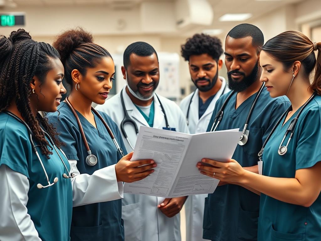 A close-up shot of a diverse group of emergency medicine physicians in a hospital setting. The scene captures multiracial doctors in scrubs, engaged in a collaborative discussion around a patient chart. The background shows medical equipment and a busy emergency room. The composition should focus on the physicians' determined expressions, highlighting teamwork and professionalism. The lighting is bright and inviting, with a color palette that complements the primary color rgb(40, 93, 225). The image should 