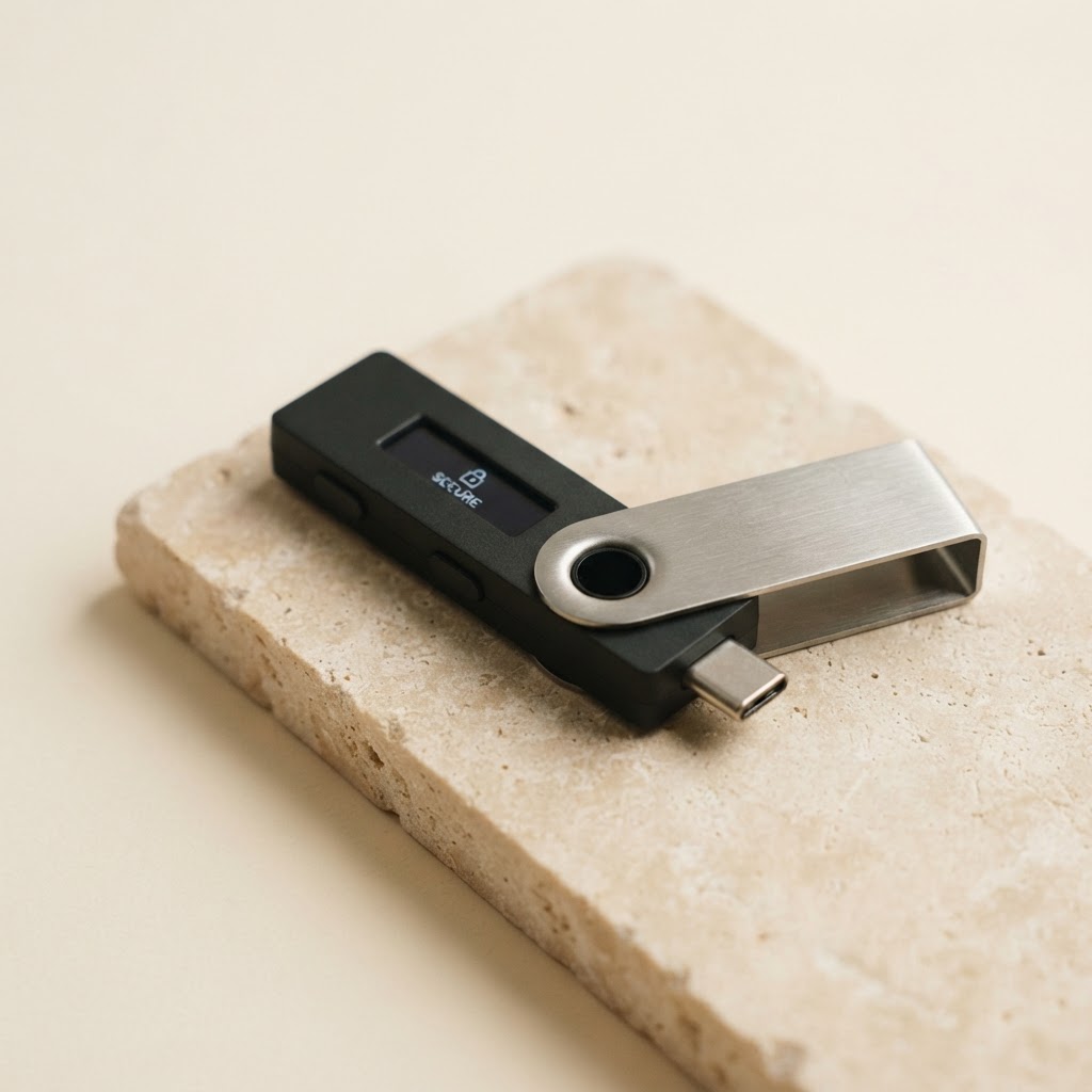 A compact hardware wallet resting on a warm stone surface