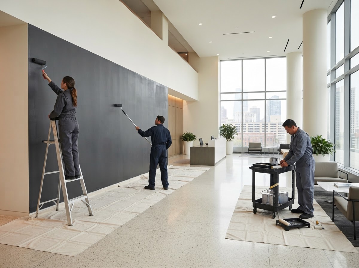 Illustrative scene of a professional crew repainting a protected office interior; not a MiVa project photograph