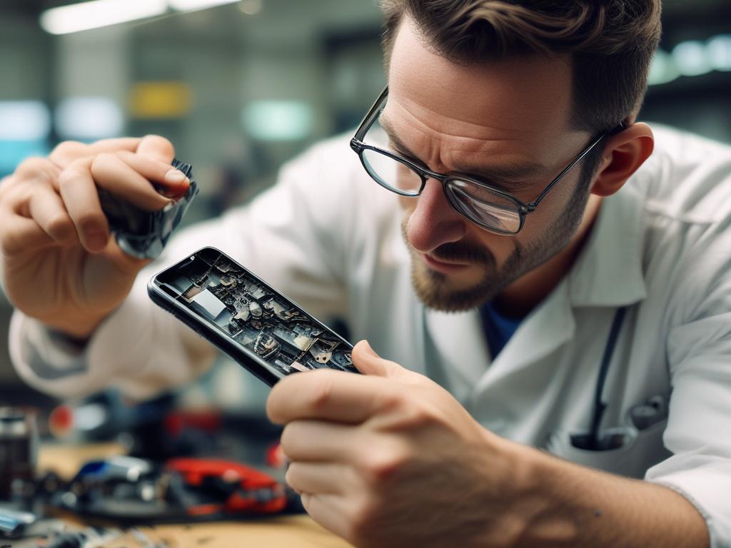 close up shot of a technician repairing a smartphone, hyper