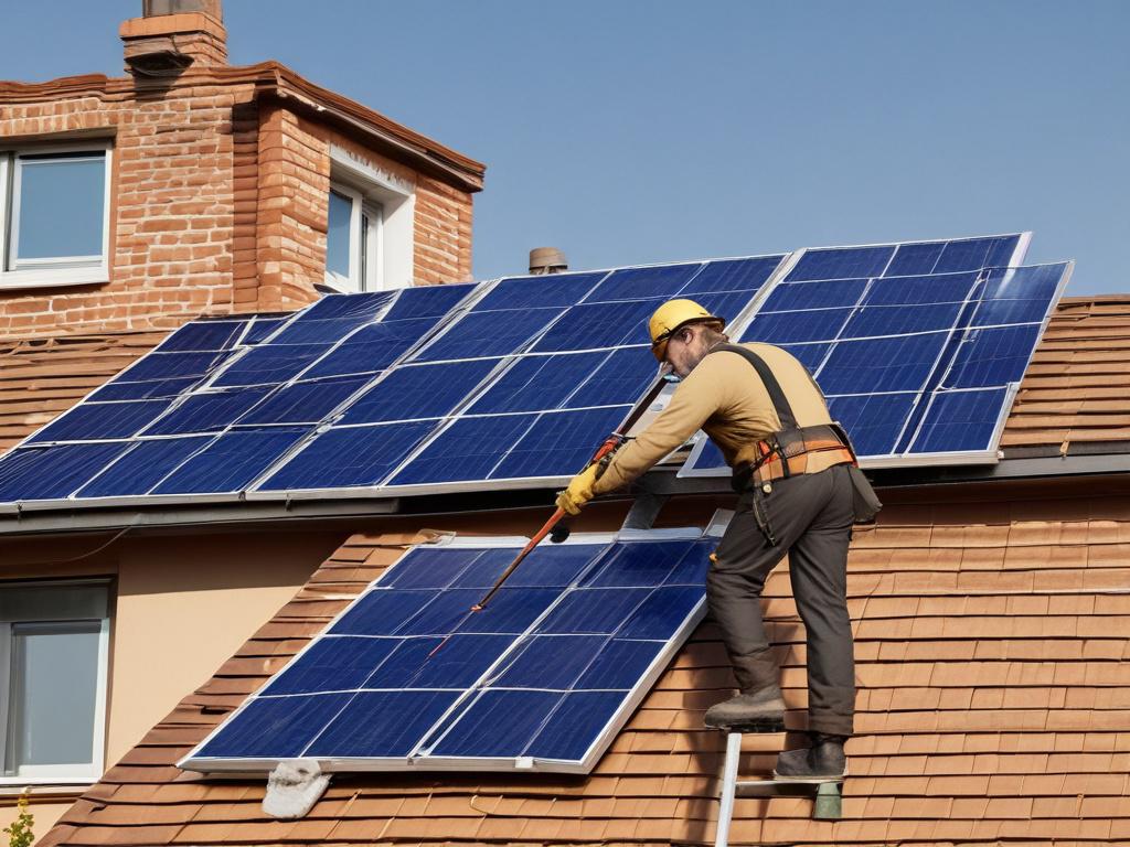 A technician performing maintenance on solar panels, carefully inspecting and