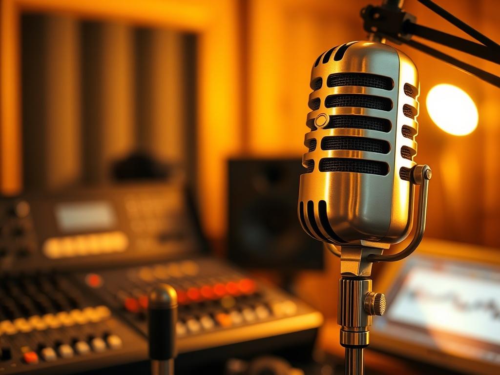 **AI Image Generation Prompt:**

Create a realistic high-resolution photo focusing on a Christian web radio station. The composition should feature a single subject: a vintage microphone set against a softly blurred backdrop of a cozy, warmly-lit studio. The microphone, elegantly styled with a classic design, symbolizes the voice of praise echoing through the airwaves. 

In the background, subtle hints of studio equipment—like audio mixers and soundproof panels—should be present but out of focus, enhancing 