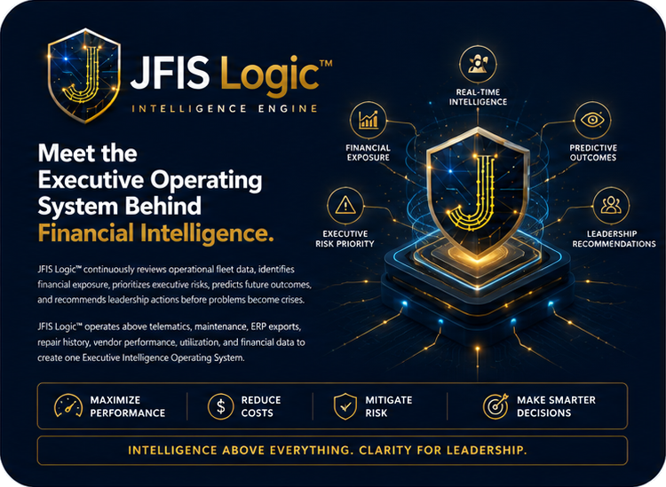 JFIS Logic Executive Operating System showing real-time intelligence, financial exposure, predictive outcomes, executive risk priority, and leadership recommendations