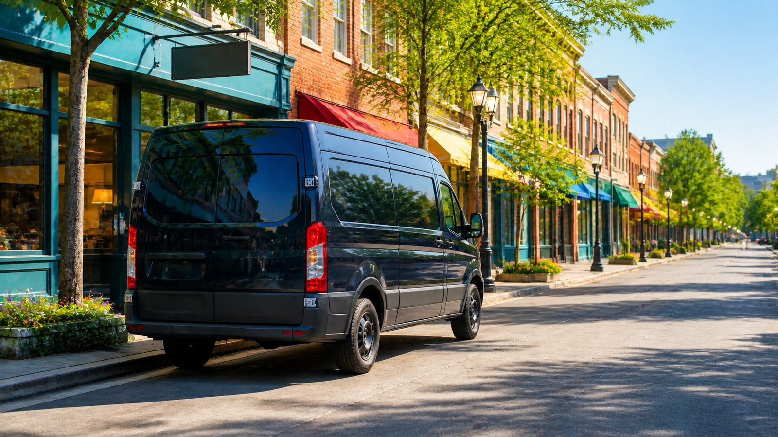 Cargo van parked curbside on a street of small businesses
