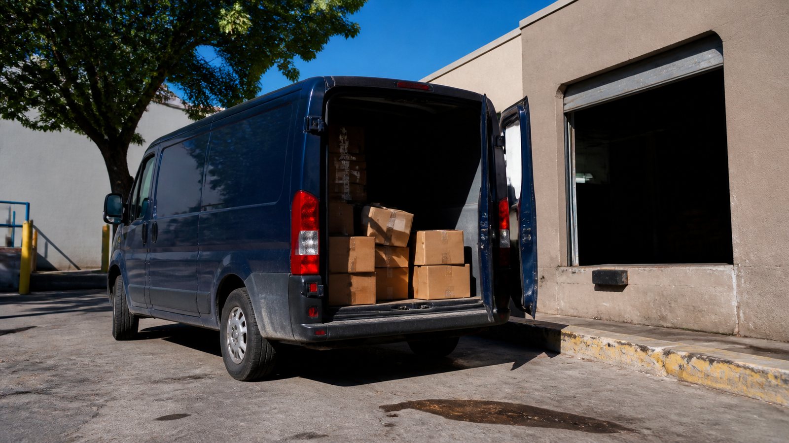 Cargo van with rear doors open at a loading dock