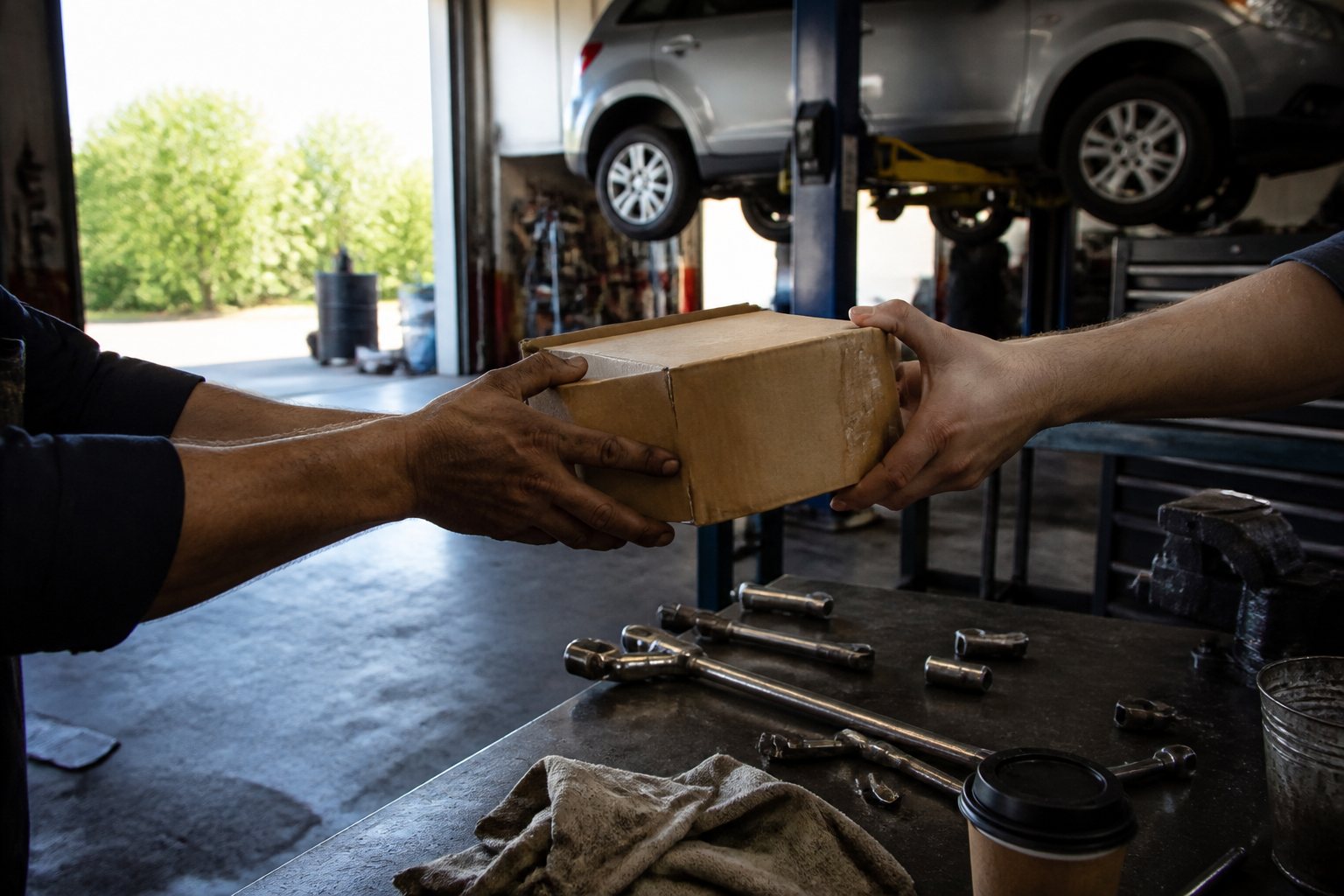 Parts box handed over in a repair shop