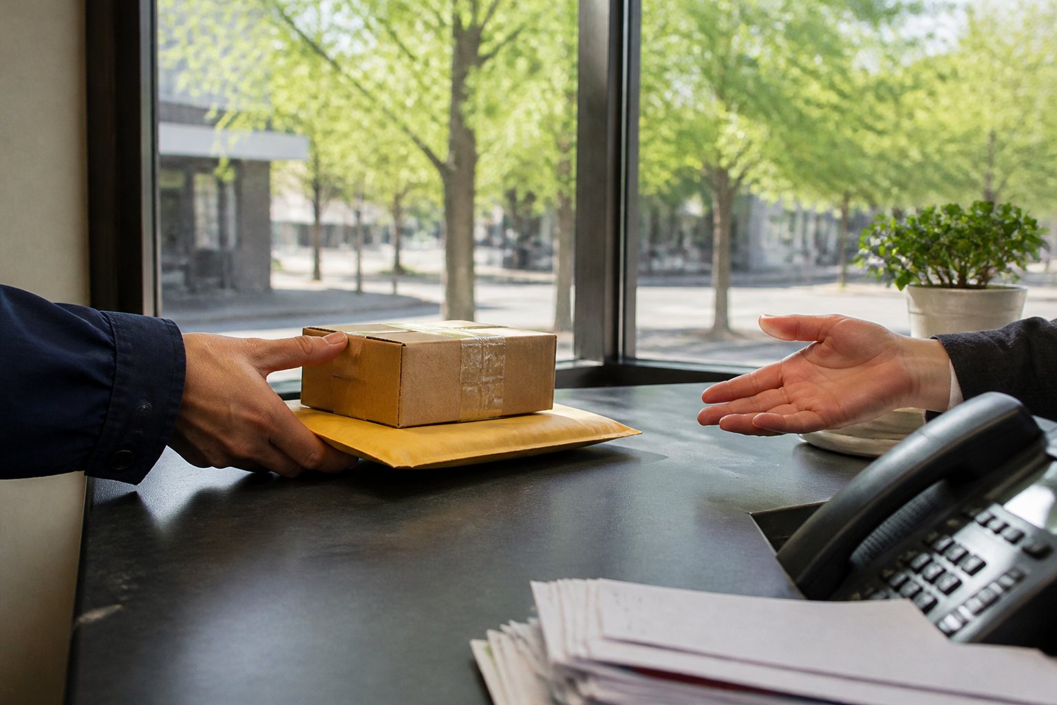 Package handed across an office counter