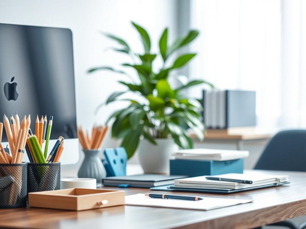 A hyper-realistic close-up of a sparkling clean office desk with organized stationery, a computer, and a plant, showcasing the effects of professional cleaning, shot with a 45mm f/1.2 lens. The background should be softly blurred to emphasize cleanliness, and the color scheme should feature shades of blue.