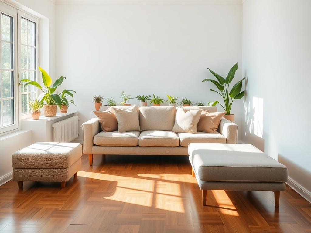 A bright, clean living room with a neatly arranged sofa, polished wooden floors, and sunlight streaming through the windows. The room should be inviting and showcase a dust-free environment with vibrant plants on the windowsill, creating a refreshing atmosphere. The composition should be simple, with a focus on the cleanliness and warmth of the space, highlighting the quality of General Clean's services in residential cleaning.