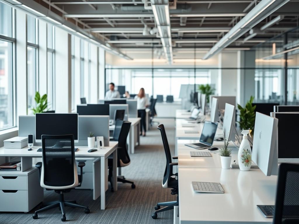A modern office space with sleek desks, clean surfaces, and organized workstations. The image should depict a professional environment with no clutter, showcasing bright lighting and a comfortable seating area. The focus should be on the tidiness and elegance of the office, emphasizing the importance of cleanliness for productivity. The background should hint at a busy work atmosphere, illustrating how General Clean enhances office spaces.