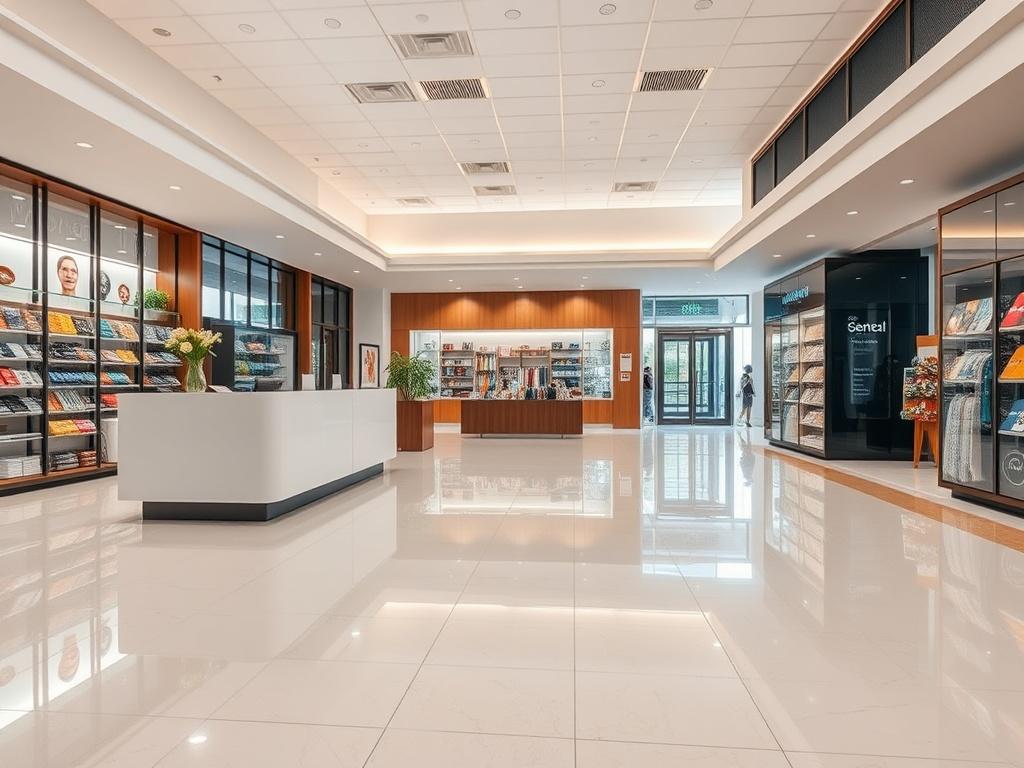 A large commercial space, such as a lobby or retail area, impeccably cleaned and maintained. The image should show a welcoming reception desk, spotless floors, and well-organized display areas. Bright and inviting, the scene should convey professionalism and attention to detail. The focus should be on the overall cleanliness and orderliness of the space, reflecting the high standards of General Clean for business cleaning services.