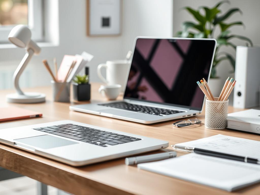 A close up shot of a well organized office desk