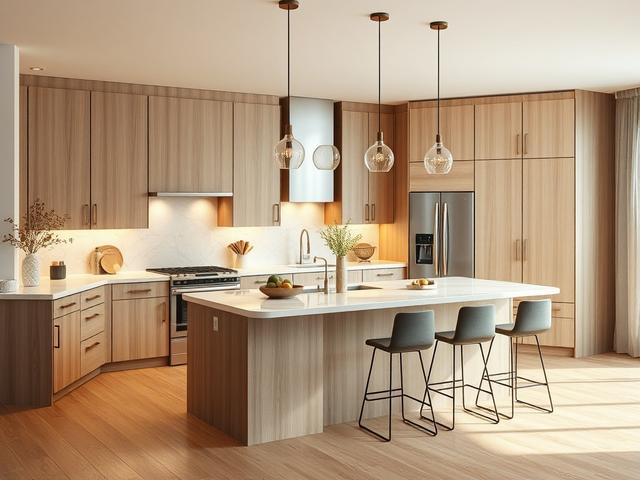 **Prompt for AI Image Generator:**

Create a realistic high-resolution photo that embodies the concept of a kitchen remodel, reflective of the blog titled "Transform Your Kitchen: The Heart of Your Home." The image should focus on a beautifully remodeled kitchen as the sole subject. 

**Composition details:**
- Use a simple and clear layout centered around the kitchen space, highlighting its functionality and aesthetic appeal. 
- The focal point should be the kitchen island, showcasing a seamless blend of m