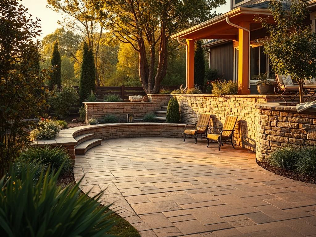 A beautifully designed patio area featuring elegant pavers in warm golden hues, surrounded by lush greenery and a well-structured retaining wall. The composition should highlight the texture of the pavers and the intricate details of the retaining wall, set against a serene background of soft lighting that creates a cozy atmosphere.