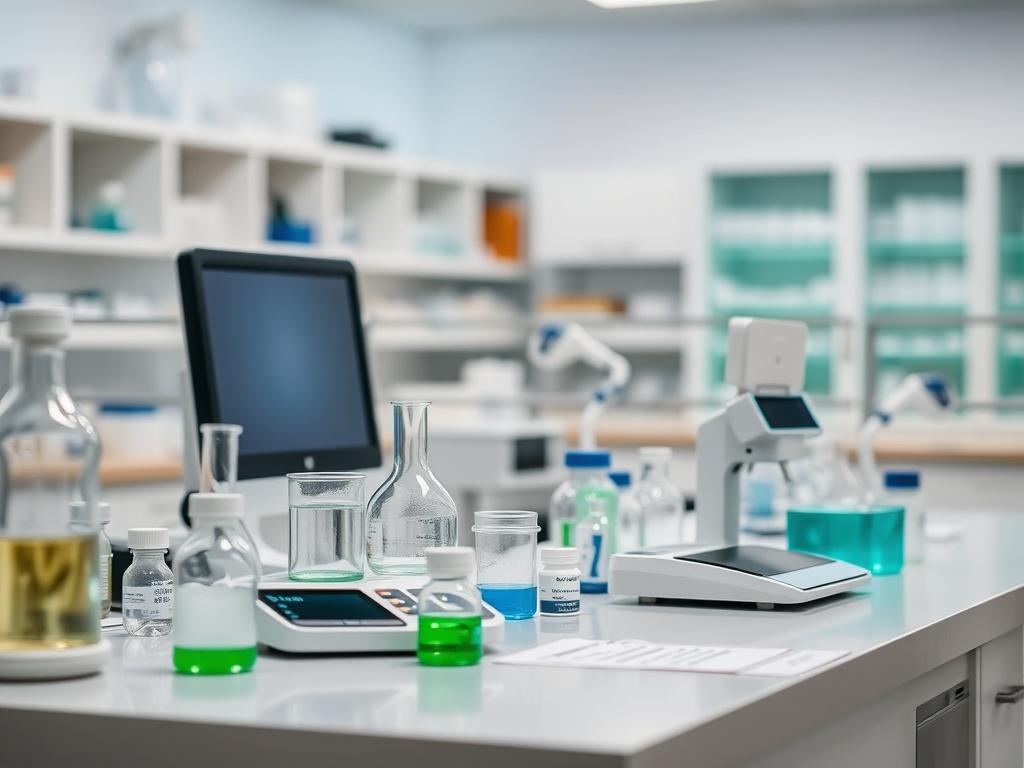 A realistic high-resolution photo showcasing a pharmacy lab setting. The composition should focus on a clean, organized lab bench with various pharmacy equipment, such as beakers, scales, and a computer, all well-lit to highlight their details. The background should be slightly blurred to emphasize the lab equipment in the foreground. The overall color tone should reflect a professional pharmaceutical environment, with hints of green to match the primary color rgb(50, 170, 39). The image should evoke a sens