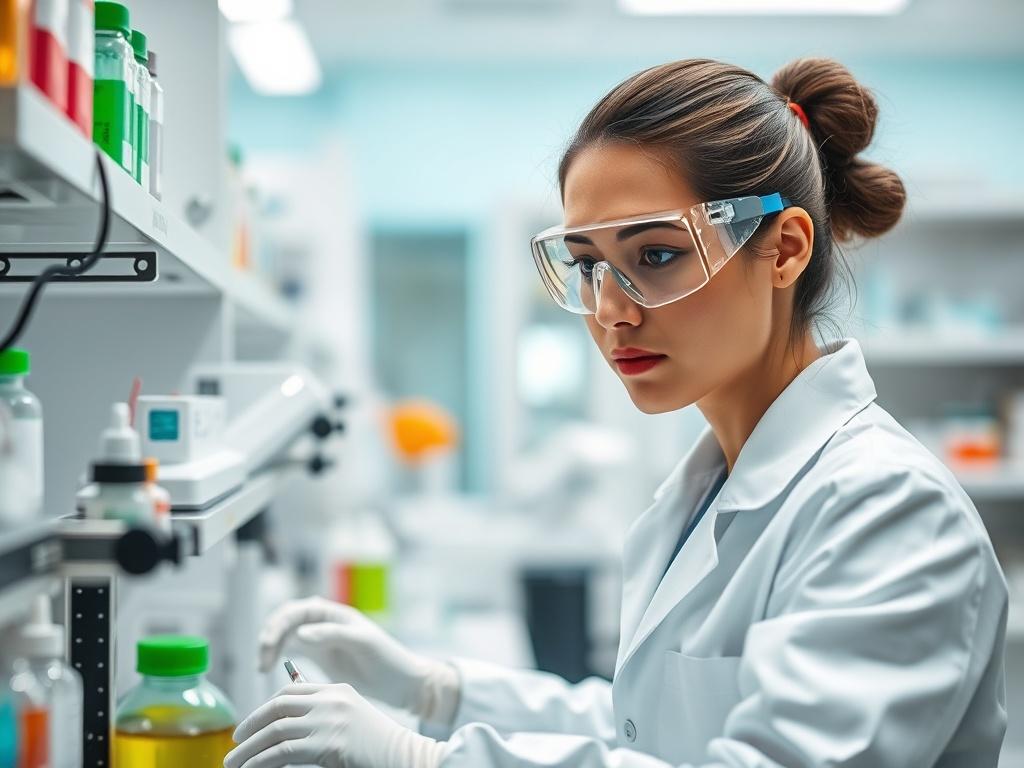 A focused close-up shot of a pharmacy technician working in a modern lab, wearing a white lab coat and safety goggles, surrounded by equipment and pharmaceutical products. The background is slightly blurred to emphasize the technician's concentration and dedication. The lighting is bright and inviting, showcasing the professionalism of the environment. The color palette includes vibrant greens to align with the theme of pharmacy and health.