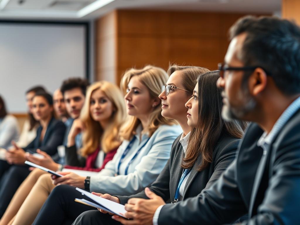 A vibrant close-up of a panel discussion in progress, with diverse pharmacy professionals sharing insights. The setting is a classroom or conference room, with attendees attentively listening and taking notes. The background should feature a warm, engaging atmosphere, encouraging interaction and dialogue among participants.