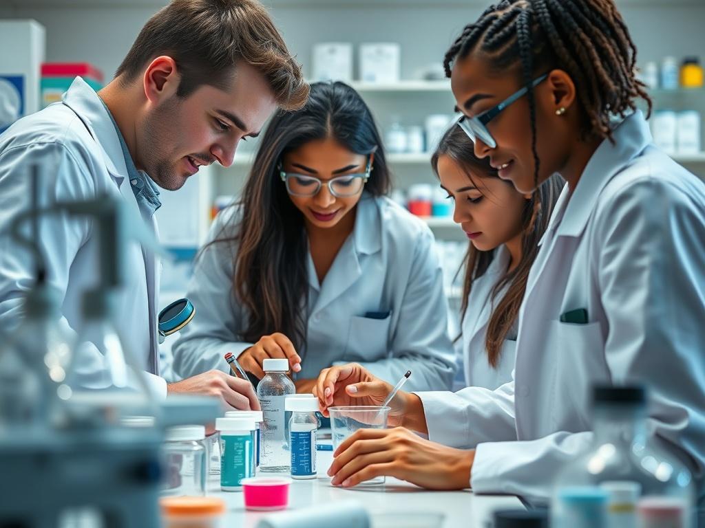 A close-up shot of pharmacy students engaged in a lab activity, focusing on mixing medications and using pharmacy tools. The scene captures a lively, educational atmosphere, with students collaborating and instructors providing guidance. The background should be a well-equipped pharmacy lab, showcasing various tools and equipment used in pharmaceutical practice.