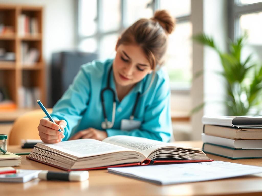 A focused close-up of a pharmacy technician studying with a textbook and notes spread out on a table, highlighting a sense of concentration and determination. The background should be softly blurred, emphasizing the technician engrossed in the material. The setting is bright and inviting, with a hint of greenery to reflect a positive learning environment.