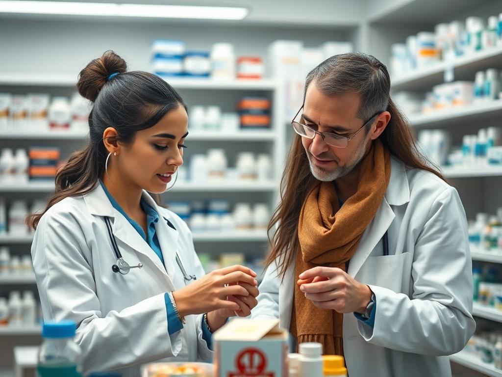 A realistic, hyper-realistic image of a pharmacy extern working alongside a pharmacist in a busy pharmacy. The extern should be actively engaging with a patient or preparing medication while the pharmacist supervises. The background should include shelves filled with medication and pharmacy supplies, showcasing a dynamic, real-world setting. The image should capture the essence of teamwork and professional growth in the pharmaceutical industry.