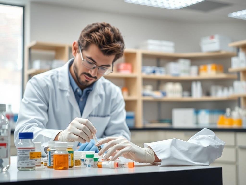 A close-up shot of a pharmacy technician engaged in a hands-on lab exercise, focusing on medication dispensing. The technician is wearing a lab coat and gloves, with various pharmaceutical items on the table. The background is a clean, well-organized lab environment, emphasizing professionalism and focus, captured in hyper-realistic detail.