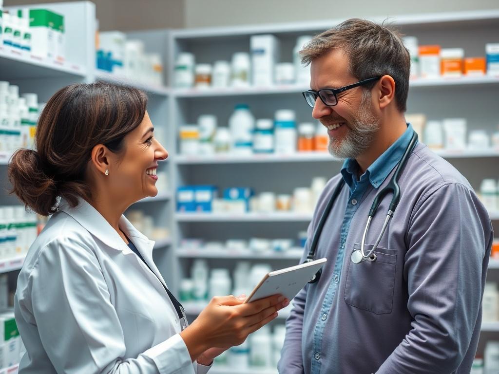 A realistic close-up shot of a pharmacy technician interacting with a patient in a pharmacy setting. The technician is providing medication information while smiling, creating a welcoming atmosphere. The background showcases pharmacy shelves filled with medication, illustrating a professional healthcare environment.