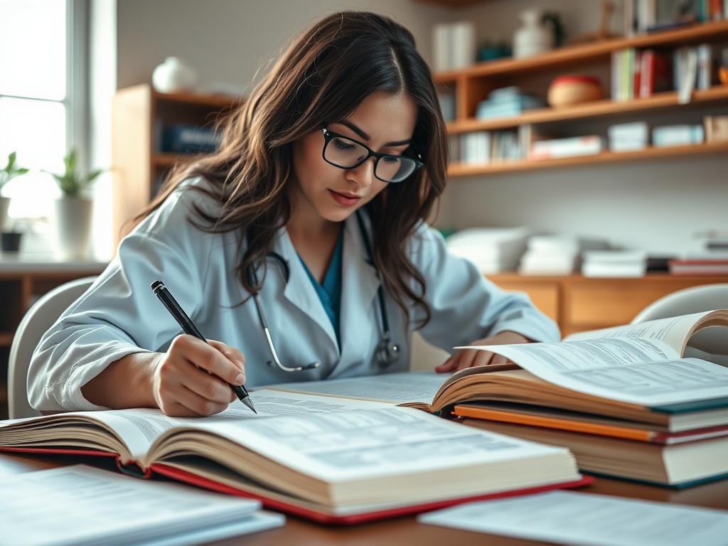 A close-up shot of a pharmacy technician student studying with textbooks and practice exam materials spread out on a table. The student is focused and taking notes, demonstrating dedication to their studies. The background features a cozy study environment with good lighting.