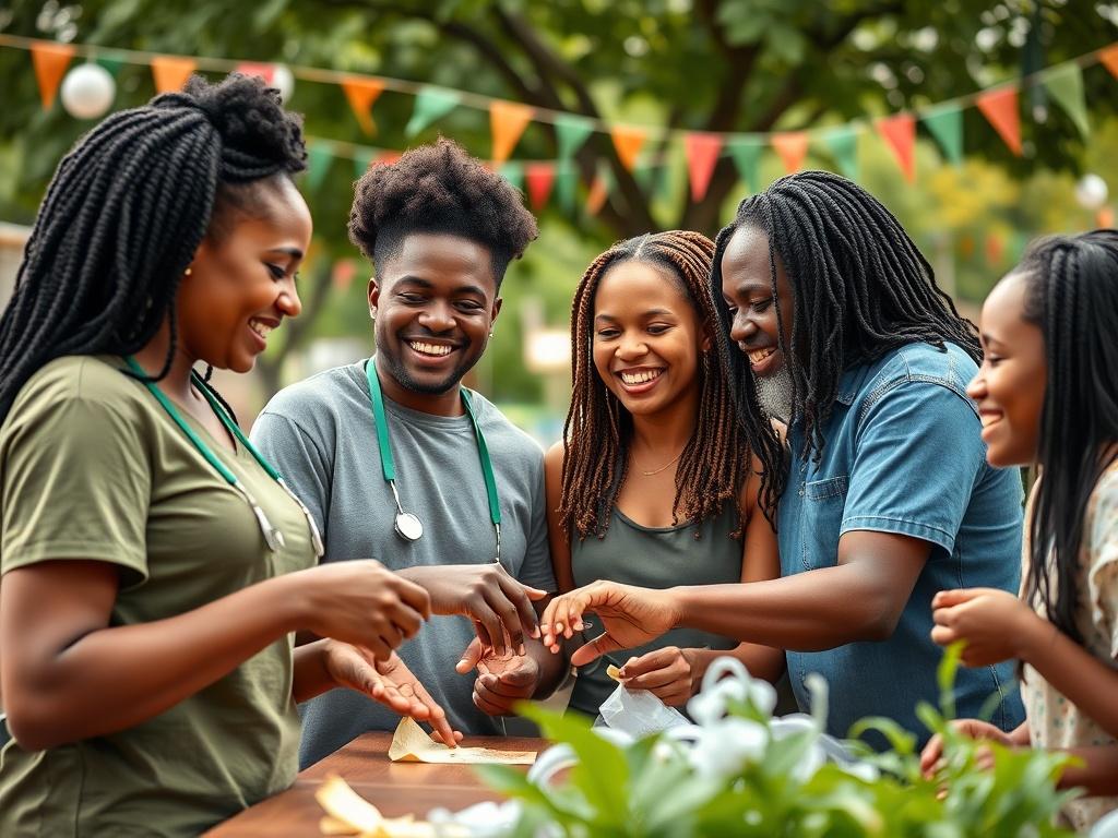 A dynamic close up of a diverse group of volunteers