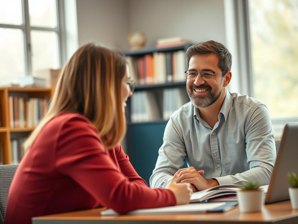 A realistic close up of a friendly academic advisor sitting