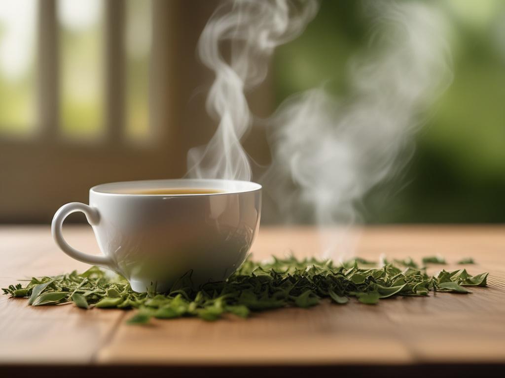 A close-up photo of a steaming cup of herbal tea placed on a wooden table. The tea should have a light golden color, surrounded by loose herbal tea leaves and a few fresh herbs for garnish. The background should be softly blurred to focus on the tea cup and create a cozy atmosphere.