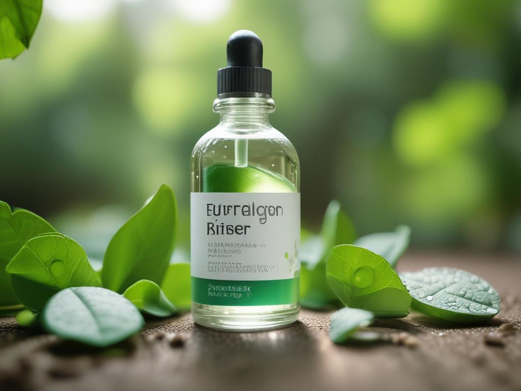 A close-up shot of a dropper bottle filled with clear liquid, featuring the Hydration Boost Drops label. The background should be softly blurred with lush green leaves, emphasizing a natural and refreshing feel. The bottle should be made of glass, capturing reflections of light, and placed on a light wooden surface to contrast with the vibrant green.