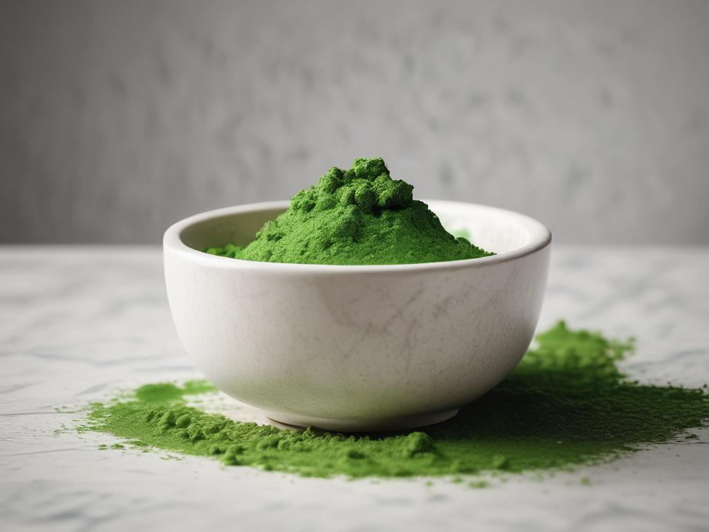 A high-resolution image of a bowl filled with green powder, representing the Nutrient-Rich Wellness Blend. The bowl should be placed on a marble countertop, with a spoon beside it. In the background, there should be fresh fruits and vegetables, creating a vibrant and healthy atmosphere.