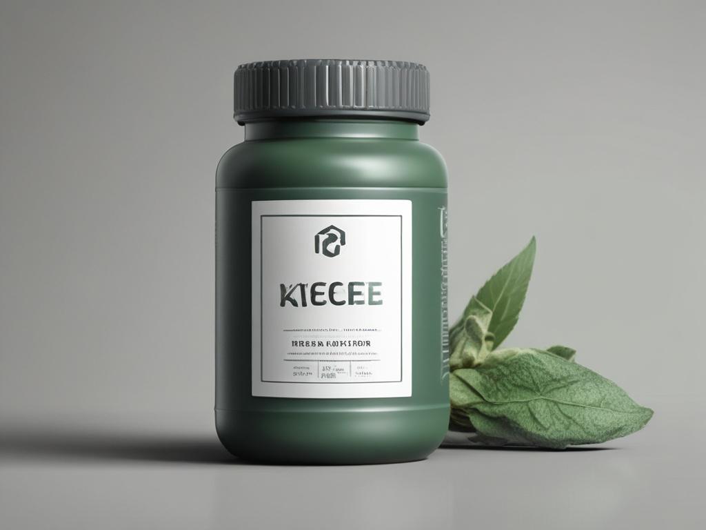A high-resolution image showcasing a beautifully designed health supplement product, featuring a sleek bottle with a modern label in the sage green and slate gray color scheme. The product is placed on a clean, light surface with soft natural lighting that highlights its features. In the background, blurred greenery and wellness elements subtly suggest a connection to natural ingredients and health.