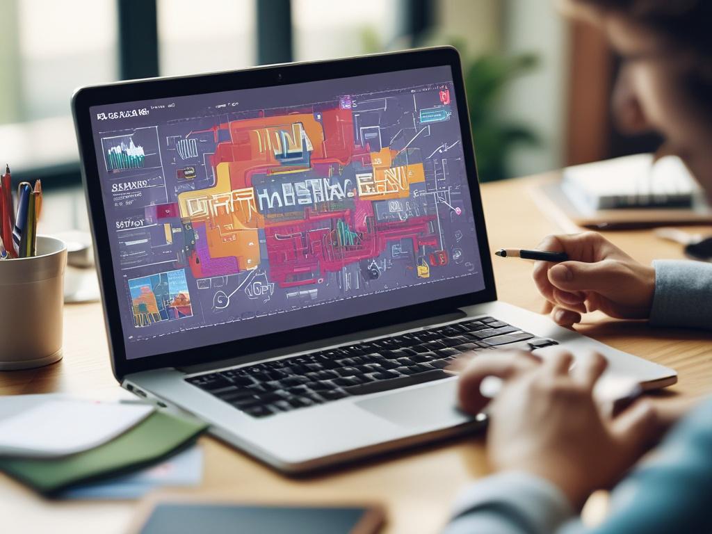 A dynamic close-up of a digital marketing campaign planning session, featuring a laptop displaying analytics and marketing strategies. A diverse team is engaged in discussion around the laptop with colorful charts and graphs visible. The environment is modern and creative, with light streaming in through large windows, providing an inspiring backdrop for innovative marketing ideas.