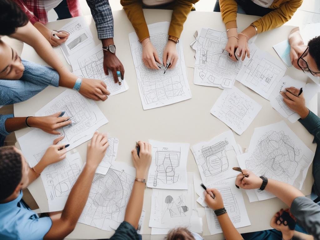 A close-up shot of a professional branding strategy session, showcasing a diverse group of individuals brainstorming around a table filled with design materials, sketches, and color palettes. The atmosphere is vibrant and collaborative, with a focus on a mood board featuring the sage green and slate gray color palette of Karifo Ventures. The background is softly blurred to emphasize the team's engaged expressions and hands-on interaction.