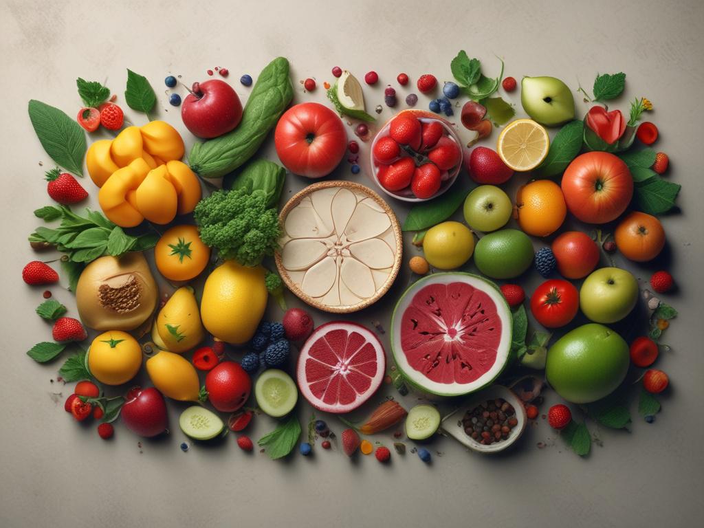 A close-up shot of a beautifully arranged table filled with fresh, vibrant ingredients like fruits, vegetables, and herbs, all set against a clean, bright background. The focus is sharp on the ingredients, showcasing their freshness and quality. The composition is simple, with only the ingredients in the frame, and the lighting is natural to enhance the colors. The overall feel should be inviting and healthy.