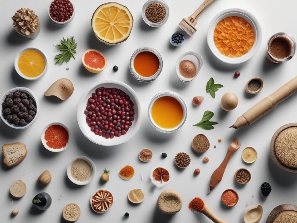 A meticulously organized workspace displaying a variety of ingredient samples arranged aesthetically on a clean, white surface. The focus is on the unique textures and colors of the ingredients, such as powders, seeds, and liquid extracts. Soft, diffused lighting creates an inviting atmosphere, and the background is subtly blurred to keep attention on the ingredients. The overall composition should convey professionalism and quality.