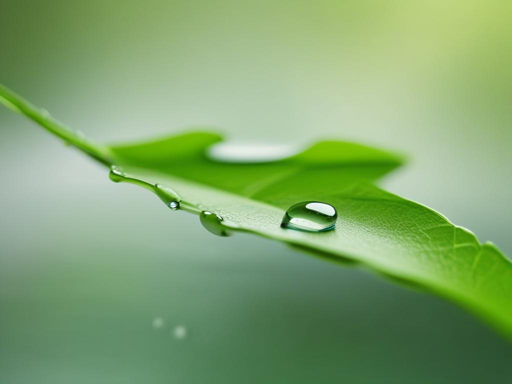 A close-up shot of a serene water droplet perched delicately on a green leaf, showcasing freshness and purity. The background should be softly blurred with a hint of sage green hues, creating a calming atmosphere. The focus should be on the water droplet, capturing the light as it glistens, symbolizing trust and wellness.