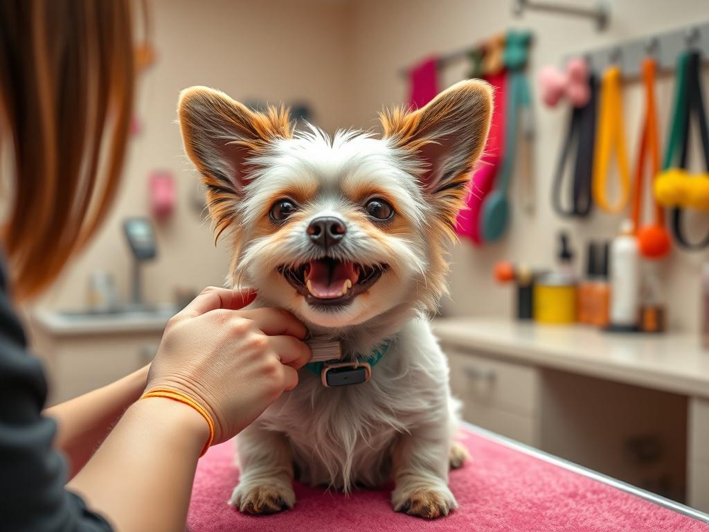 A cheerful small dog receiving a grooming session, with a groomer carefully brushing its fur in a bright, inviting grooming studio. The background features grooming tools neatly arranged on a counter and colorful dog accessories hanging on the wall. The atmosphere is warm and welcoming, showcasing the joy of pet grooming.