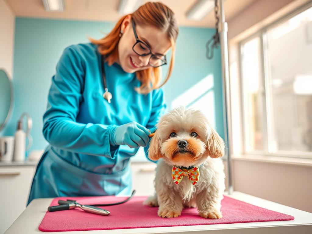 A small, fluffy dog being pampered in a bright, clean grooming studio. The groomer is gently brushing the dog's fur, showcasing a vibrant and clean environment. The dog looks relaxed and happy, with a shiny coat and a cute fur bow. The background includes grooming tools and a large window letting in natural light, creating a cheerful atmosphere.
