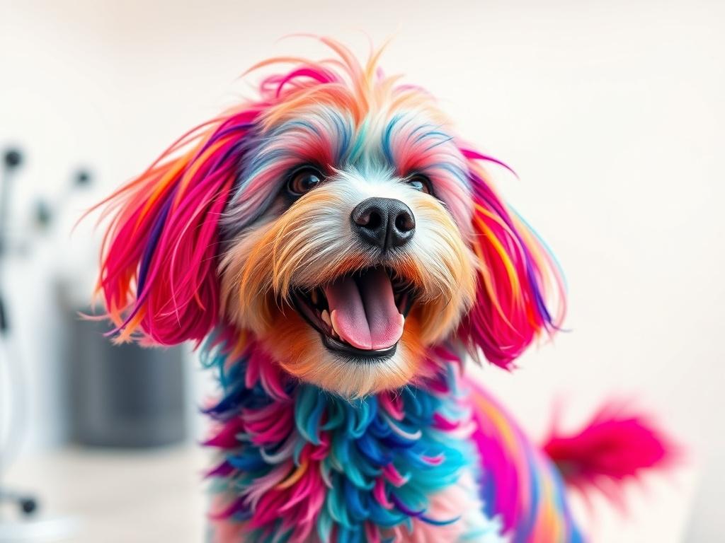 A vibrant, happy dog with a colorful, artistic grooming style,