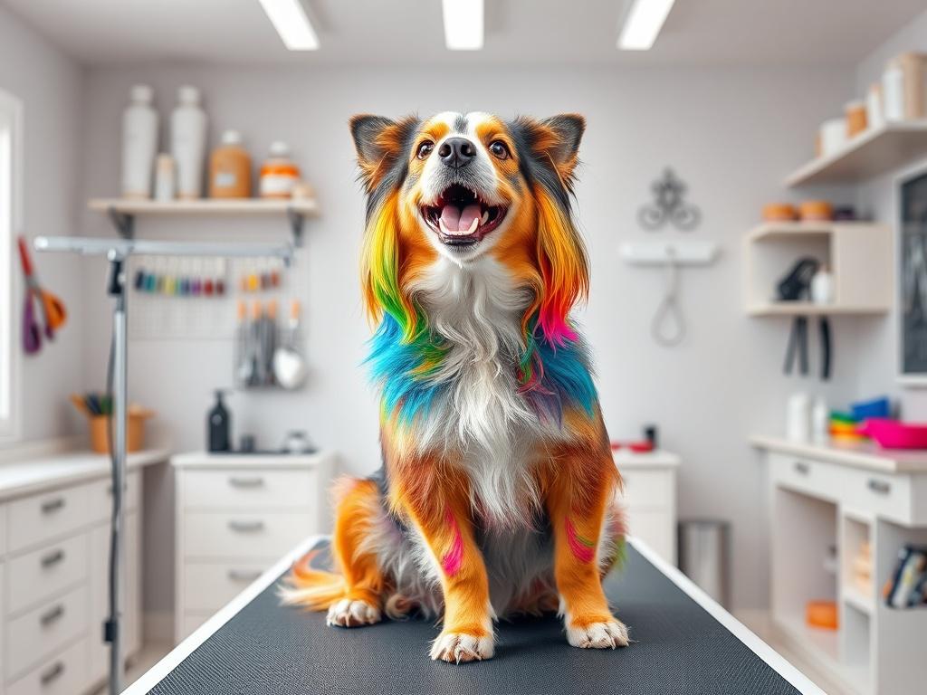 A joyful dog with a vibrant, multicolored coat, sitting proudly