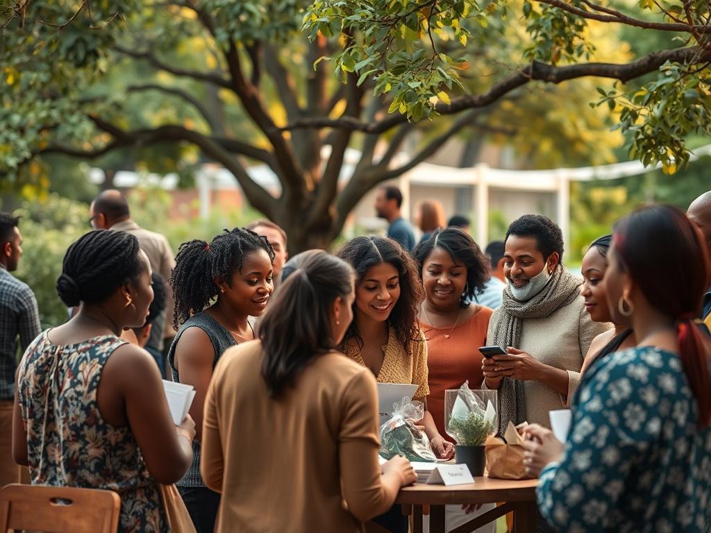 A warm and inviting scene of a community gathering, with