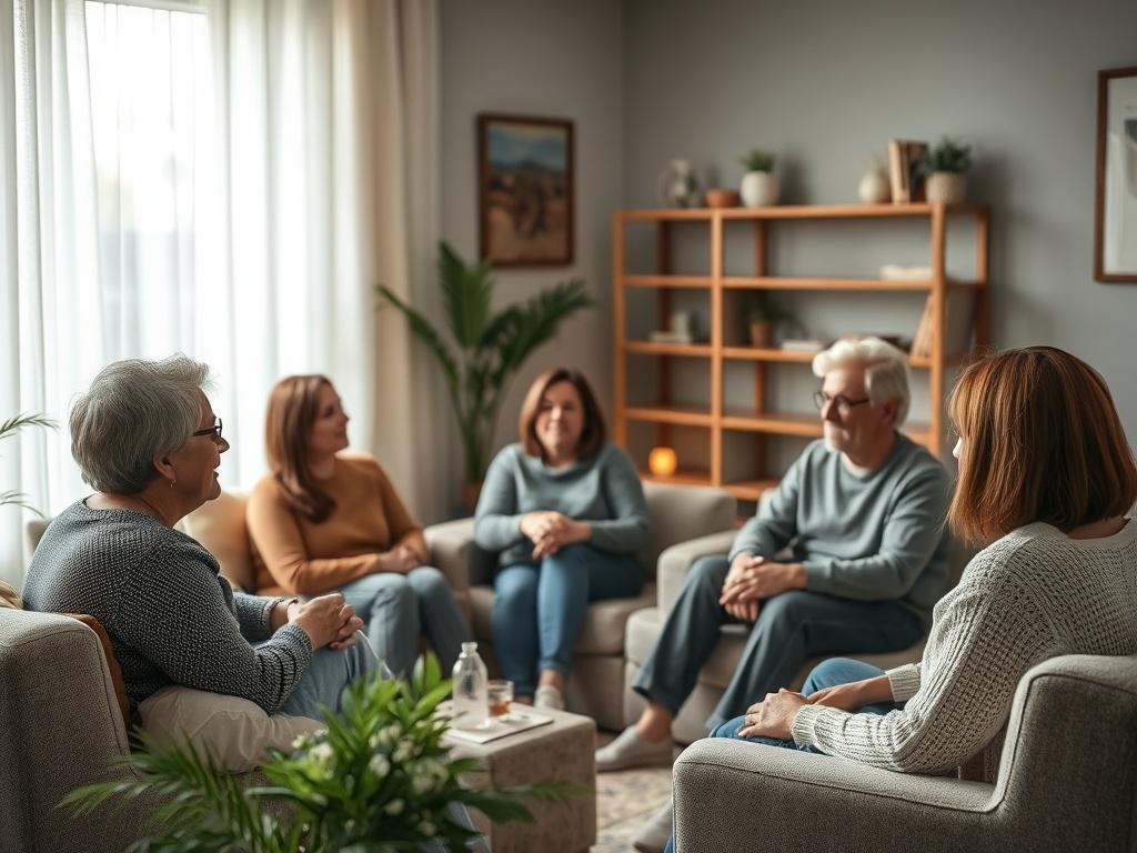 A supportive group therapy session in a cozy room, with